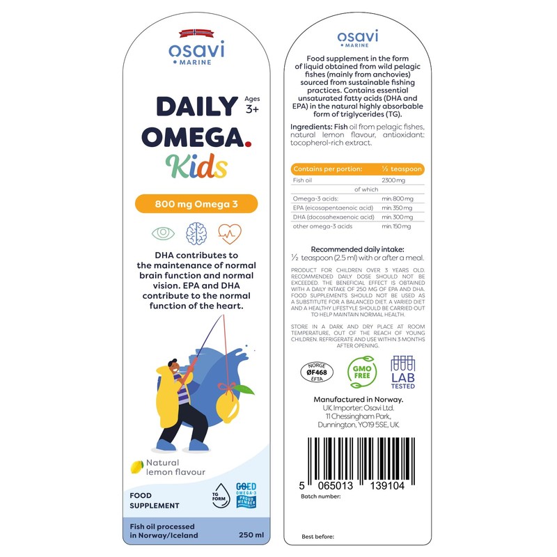 Osavi Daily Omega Kids, 800mg Omega 3 (Natural Lemon) -