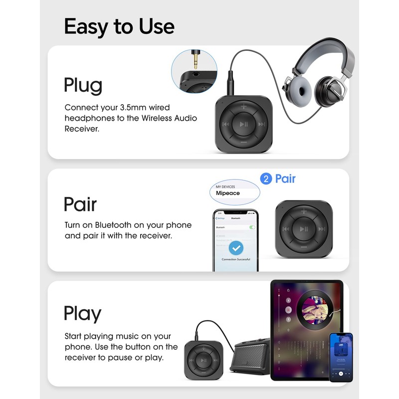 MIPEACE Bluetooth Receiver, 5.3 Bluetooth Audio Adapter for Wired Headphones,