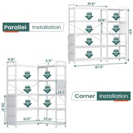 SEDETA 5 Tier Corner Bookshelf, Modern Corner Bookcase, Convertible Bookshelf with Storage Bag, Pegboard & LED Light, Tall Bookshelves for Bedroom, Living Room and Home Office, White
