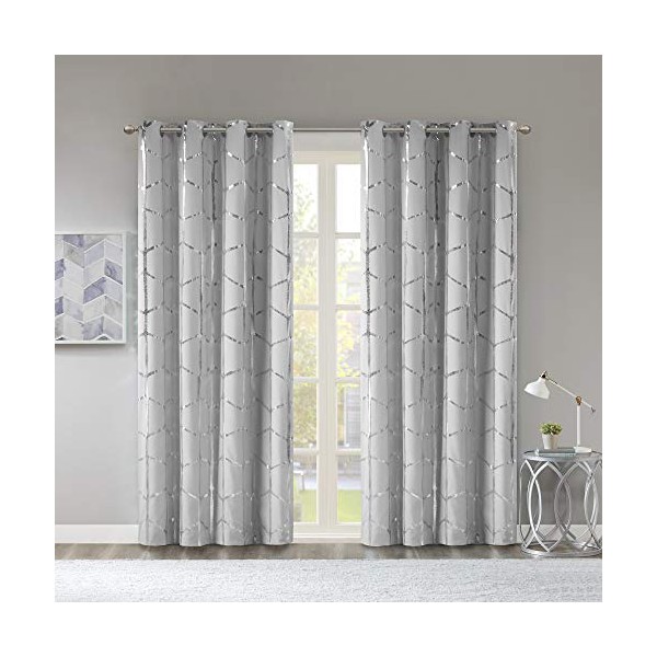 Intelligent Design Raina Total Blackout Metallic Print Grommet Top Window Curtain Panel Thermal Insulated Light Blocking Drape for Bedroom Living Room and Dorm, 50x84, Grey/Silver