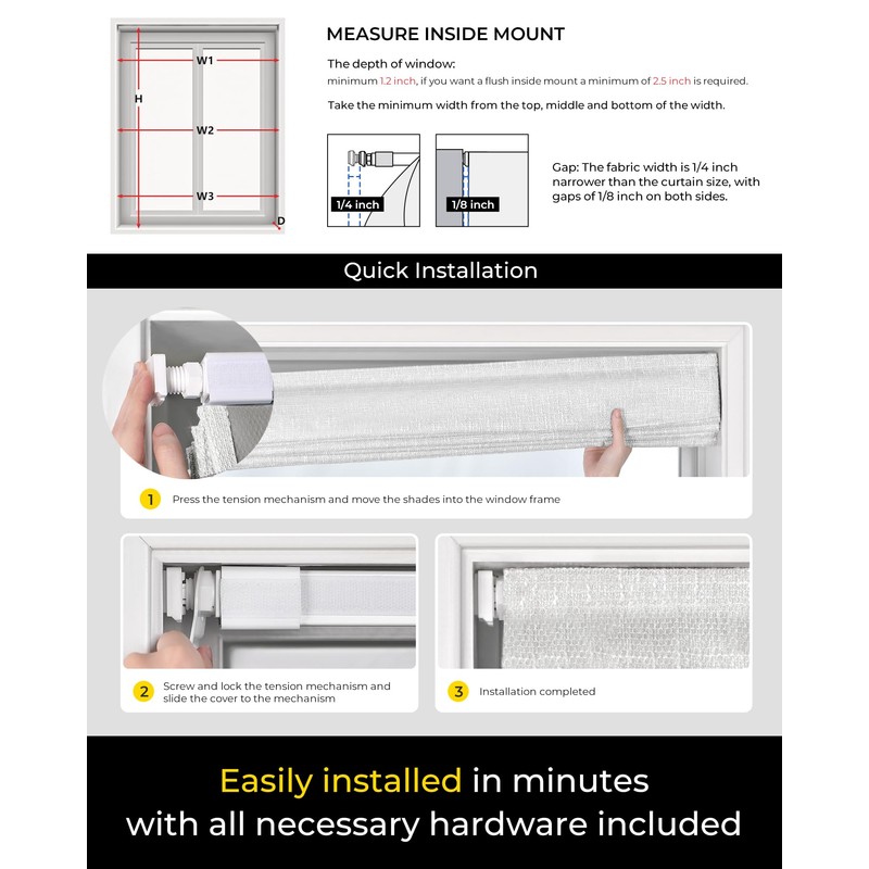No Drill Cordless Roman Shades, Room Darkening, 28×48 in White