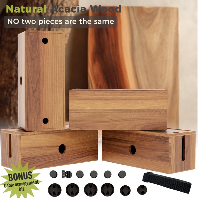 Acacia Wood Cord Organizer, Large Cable Management Solution, for Power