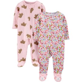 Simple Joys by Carter's Baby Girls' Cotton Sleep and Play, Pack of 2, Pink Bear/White Floral, 0-3 Months