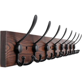 Kuhome 32.2'' Wall Mount Coat Rack with 8 Metal Triple Hooks, Brown Pine Wood