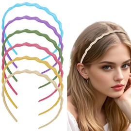 KIUEZIR 6pcs Colorful Thin Headbands with Teeth - Wavy Design, Durable Plastic Hair Bands in White/Pink/Yellow/Blue/Purple/Green, Non-Slip Hair Hoops for Women Everyday/Party/Picnic Hairstyles
