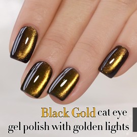 Double Rhythm 15ML Ice Glass Cat Eye Gel Polish with Magnet Holographic Glitter Shimmer Translucent Sheer Color Salon Soak Off Magnetic Nail at Home (Black Gold-MC1146)