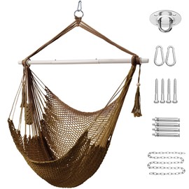 Lazy Daze Hammock Chair Caribbean Hanging Rope Swing Chair, 40" Removable Steel Spreader Bar with Anti-Slip Rings, Soft-Spun Cotton Rope for Indoor/Outdoor Backyard & Living Room, Max 500 LBS,Tan