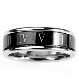 HIJONES Jewellery Mens Stainless Steel Roman Numerals Turn Luck Rings, Black and Silver Size P 1/2