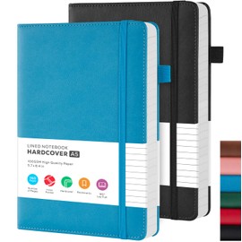 FOCUS DAY 2 Pack A5 Lined Notebook Journal, Leather Notebook Notepad with Pen Loop, 100Gsm Lined Paper, Inner Pocket, for Women/Men Work Office School Supplies, 14.5 x 21.3 cm, Blue & Black