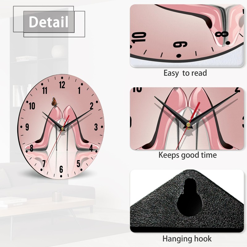 SPUNKER Clock for Bedroom,Pink High Heel Shoes Wall Clocks,Butterfly Battery