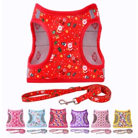 Moonpet Step in Air Christmas Xmas Day Dog Harness Leash Set- All Weather Reflective No-Pull Floral Pattern Padded Mesh Vest Harness for Cats Puppy Extra-Small Small Medium Large Dogs - XXS