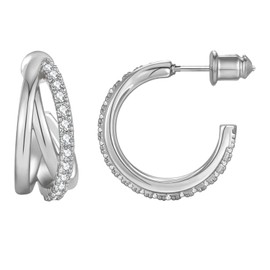Triple Cubic Zirconia Hoop Earrings for Women - 14K Silver-Plated 925 Sterling Silver Post, C-Shaped Hypoallergenic Everyday Statement Hoop Earrings, Trendy Jewelry Gift for Women Accessories