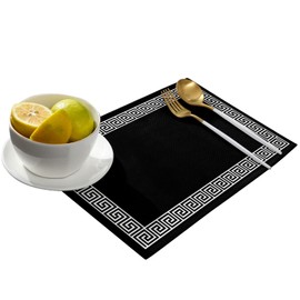 Black Placemats for Dining Table Set of 6, Cotton Linen Cloth for Square/Rectangle/Round Table Mat Placemat, Traditional Chinese Geometric Tile Pattern Kitchen Dinner Holiday Dﾃｩcor