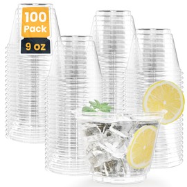 9 oz Clear Disposable Plastic Cups, 100 Pack Clear Plastic Cups, Heavy-duty Party Supply 100 count Durable Recyclable PET Party Cups for Cold Drinks, Cocktails