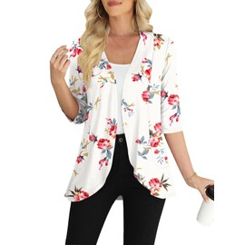 Yincro Women's 3/4 Sleeve Cardigan Casual Lightweight Soft Open Front Cardigans (Floral White, M)