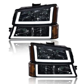 G-PLUS LED DRL headlights, Compatible with 2003 2004 2005 2006 Chevy Silverado 1500/1500 HD/2500 HD/3500 Bumper Headlamps, Smoky Lens Chrome Housing Amber Reflector,faros delanteros