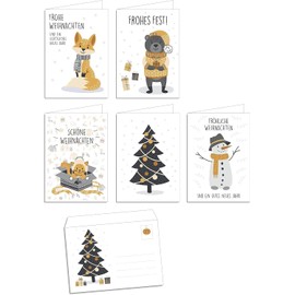 artup 10 Weihnachtskarten mit Umschlag - 5 Motive im Set gemischt für alle Altersklassen - Klappkarten DIN A6 Innenseiten weiß mit viel Platz für Ihre Weihnachtsgrüße - gold lustig fröhlich