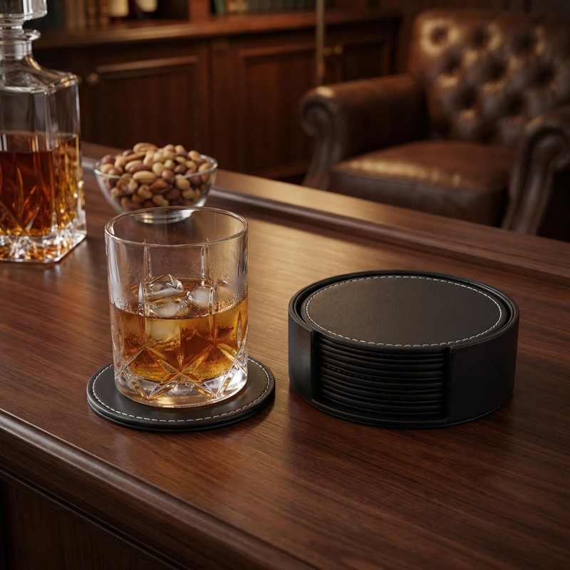 Set of 6 PU Leather Black Bar Drink Coasters with