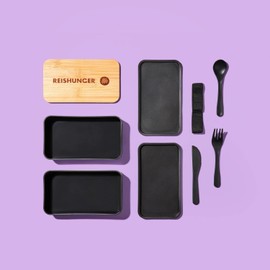 Reishunger Bento Box, Black - Lunch Box Made of BPA-Free Plastic with 2 Containers and Cutlery - Box for Meal Prep & To Go Made of 100% PP - Food-Grade Material