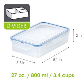 LOCK & LOCK Easy Essentials On The Go Meal Prep Lunch Box, Airtight Containers with Lid, BPA Free, Rectangle (3 Section) -27 oz, Clear
