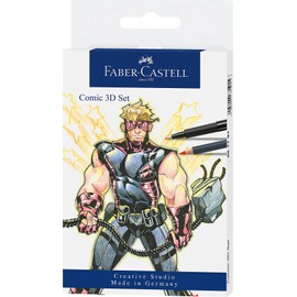 FABER-CASTELL 267191 Pitt Artist Pen Comic Illustration 3D Set, 5 Ink Pens, 3 Watercolour Pencils and Accessories, 11 Pieces