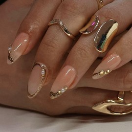 Short Press on Nails Almond Fake Nails French Tip False Nails with Gold Line Design Glue on Nails Press ons Elegant Acrylic Nails Glossy Full Cover Stick on Nails for Women Manicure 24Pcs