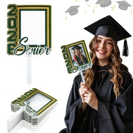 24pcs Graduation Fans Custom Face Fans with Handle Double Sided Personalized Big Head Cutout on a Stick Class of 2026 Grad Photo Props Blank DIY Frame for Graduate Party Souvenirs(Forest Green)