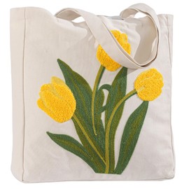 Perseverance Trade - Bolsa de lona con bordado estético para mujer, bonita bolsa de hombro de tulipán amarillo con hebilla magnética con bolsillo interior de cierre, bolsa de algodón reutilizable para