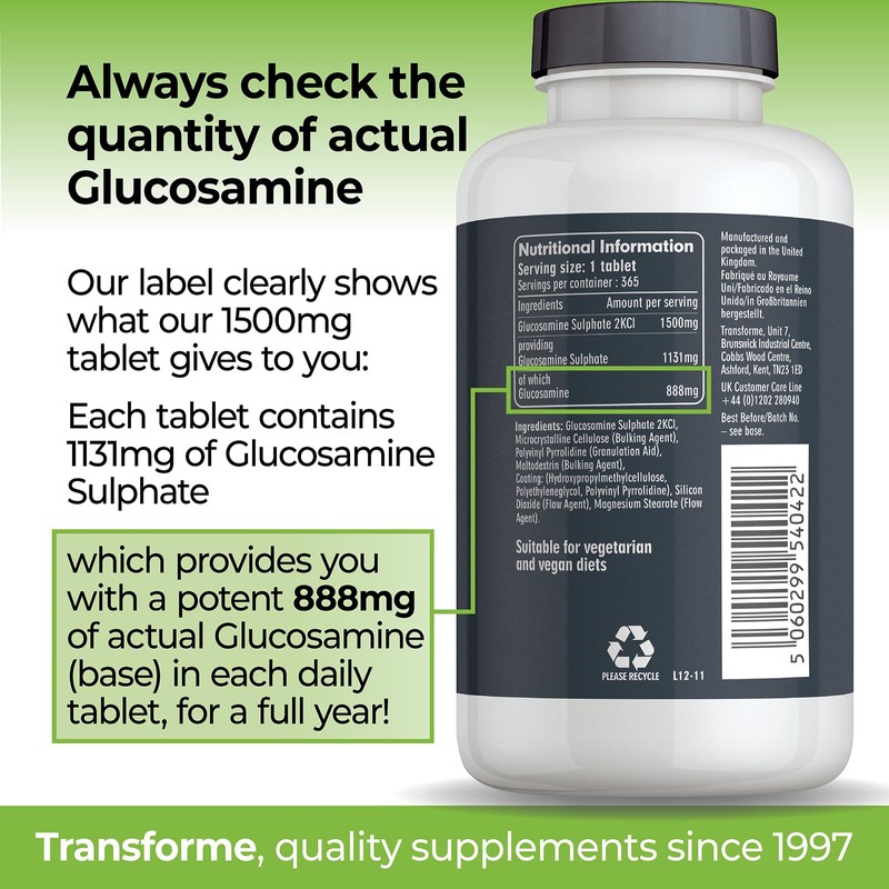 Glucosamine Sulphate 2KCl 1500mg 365 Tablets, 1 Year Supply, Vegan