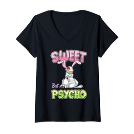 Women's Sweet But Psycho Shirt Bunny Scary Gothic Rabbit Funny T-Shirt with V-Neck, black, s