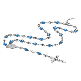 Flongo Evil Eye Rosary Necklace: Sliver Classic Catholic Cross Y Shaped Necklace Virgin Mary Rosary Necklace Stainless Steel Beaded Necklace for Men and Women