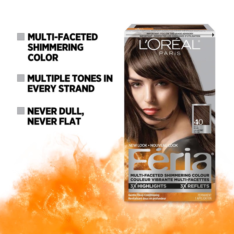 L'Oreal Paris Feria Multi-Faceted Shimmering Permanent Hair Color, 40 Deeply Brown Natural, Hair Dye with Conditioning Oils, Pack of 1