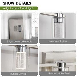 Zhizenl Bathroom Light Fixtures, 6 Light Brushed Nickel Vanity Lights, Dimmable LED Bathroom Vanity Light Over Mirror, Modern Crystal Vanity Lights for Bathroom Bedroom Hallway (Cool/Neutral/Warm)