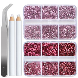 Bymitel 7200 Pieces Pink and Fuchsia Rhinestones Flat Back 6 Mixed Sizes Crystal Round Glass Gems with Tweezers and Picking Rhinestones Pen