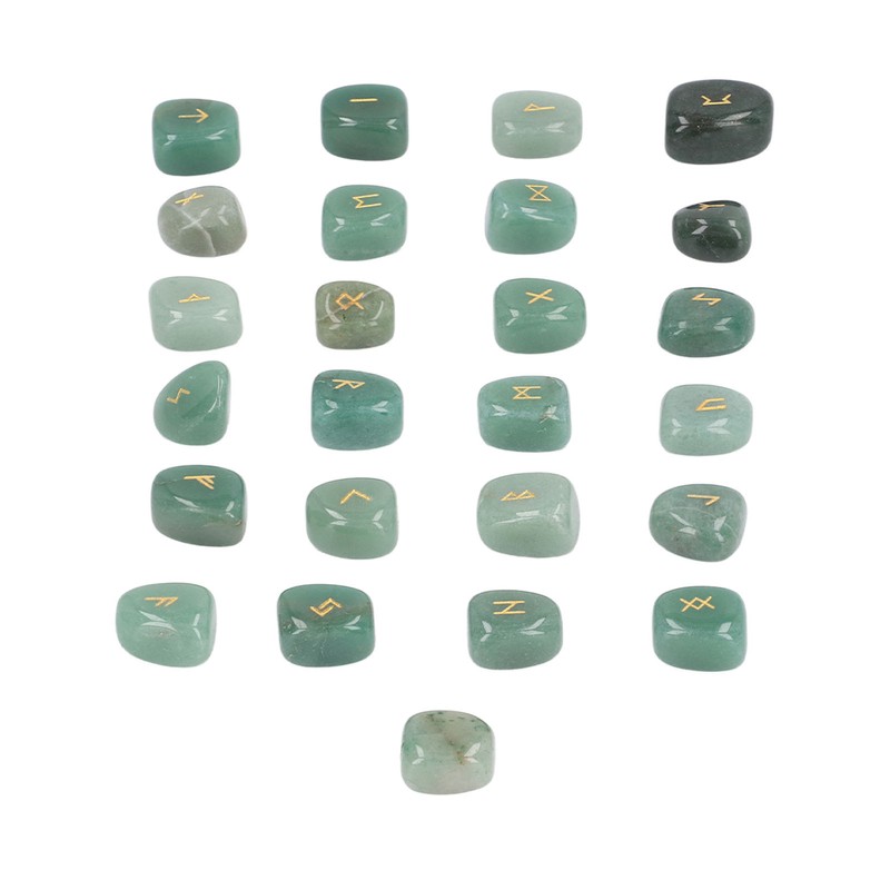 25pcs Rune Stones Set Hand Carved Polished Green Aventurine Portable