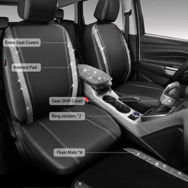 CAR PASS Rhinestone Bling Diamond Car Seat Covers Leather Shining Car Floor Mats Carpet Waterproof Anti-Slip Nibs Car Accessories Interior Sets for Women Silver Glitter White Sparkly Crystal