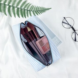 2 Pack Makeup Bags for Women,Large Cosmetic Organizer Pouches,Portable Travel Toiletry Bags Cute Small Brushes Storage Pouch with Zipper for Purse,Stripe Blue