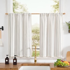 jinchan Striped Kitchen Curtains 24 Inches Linen Look Short Curtains for Windows Black on White Cafe Curtains Modern Farmhouse Tiers for Living Room Bathroom RV Light Filtering Rod Pocket 2 Panels