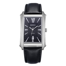 BERNY Mens Business Casual Quartz Watches Stainless Steel Case with Leather Strap Rectangular Watches for Men (Black
