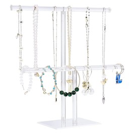 Dovhmoh Jewelry Stand Necklace Holder, Jewelry Display Holder, 2-Tier Necklace and Bracelet Hanging Organizer, Clear Tower Stand Acrylic Jewelry Stand for Display & Organization