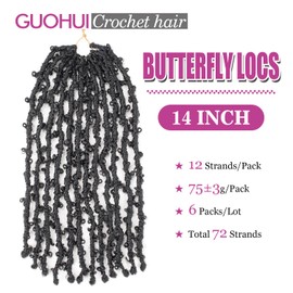 GUOHUI Super Light Butterfly Locs Crochet Hair 14 Inch 6 Packs Pre-Looped Soft Distressed Faux Locs Braids for Women Kids (14 Inch,1#)