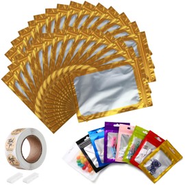 200-pack Mylar Bags with Clear Window 5" x 8" Resealable Foil Pouches for Food Storage Smell Proof Edible Packaging Zip Bag for Jewelry Small Business Shipping Bags, Gold