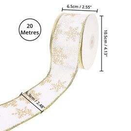 Belle Vous White Gift Ribbon - 20 m x 6.3 cm Wide Glitter Organza Ribbon with Snowflake Pattern and Wire - Decorative Ribbon for Christmas Party, Christmas Tree & Gifts