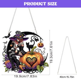 EOBROMD Witch Diamond Painting Window Pictures, 5D Pumpkin Diamond Painting Pendant Decoration with Chain, Moon Diamond Painting for Wall and Entrance Decoration