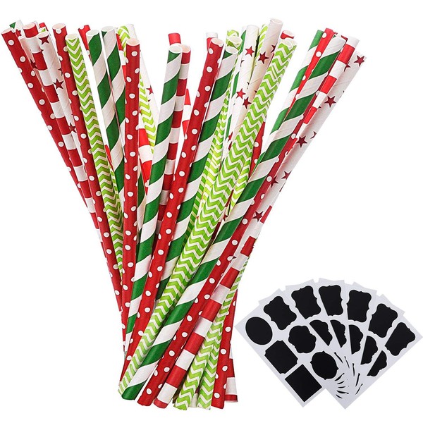 Paper Straws Decorative Drinking Straws for Christmas New Year Party Decoration, 125 Pieces, Multi Patterns, with 6 Black Stickers (Red and Green)