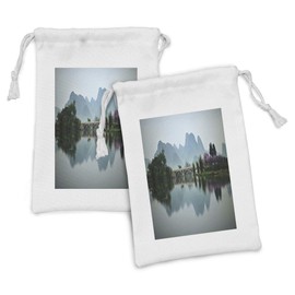 Ambesonne Japanese Fabric Pouch Set of 2, Japanese National Park Bridge Reflections of the Mount on the Lake Scenery Photo, Small Drawstring Bag for Toiletries Masks and Favors, 9" x 6", Multicolor