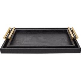 MACVAD Set of 2 Modern Elegant Large Wood Serving Tray, Rectangle Decorative Tray Ottoman Tay Coffee Table Tray, Black Crocodile Leather with Gold Polished Metal Handles