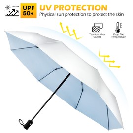 HEXSOLID 46inch UPF 50+ Sun Umbrella UV Protection UV Parasol Umbrella for SunTravel Compact for Rain Waterproof And Wind Resistant Sun Blocking Auto Open Close (Silver/Blue, 46inch)