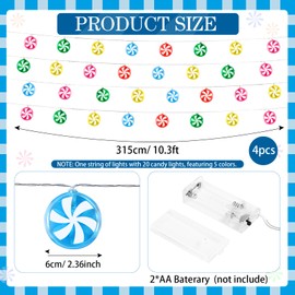 Honoson 4 Pcs Candy Cane String Lights Decoration 10.33ft 20 LED Battery Operated Fairy Lights Cute Sweet Peppermint Bulbs Outdoor Indoor Birthday Wedding Home Patio (Macaron Color)