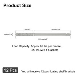 QUARKZMAN Pack of 12 Floating Shelf Brackets, Metal Hidden Shelf Brackets, 0.4 x 5.7 inches, Invisible Shelf Brackets with Screws for Floating Wooden Shelves (Silver Tone)